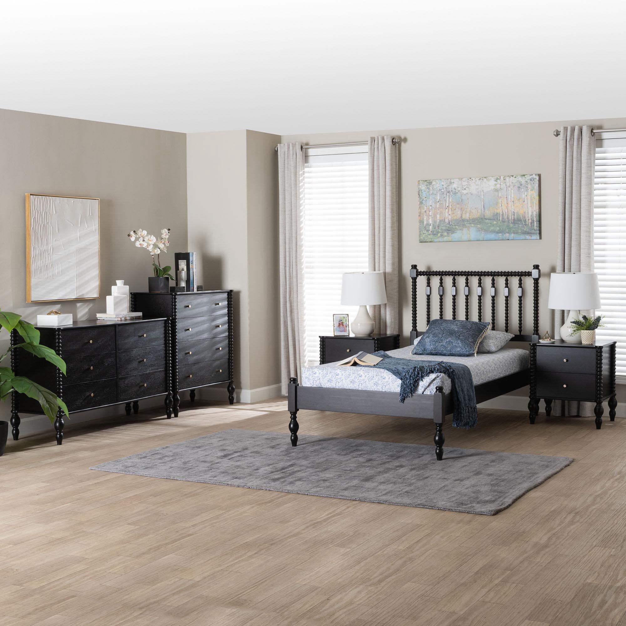 Baxton Studio Callison Farmhouse Bedroom Set, Twin, 5-Piece, Black