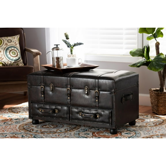 Baxton Studio Callum Modern Transitional Distressed Dark Brown Faux Leather Upholstered 2-Drawer Storage Trunk Ottoman