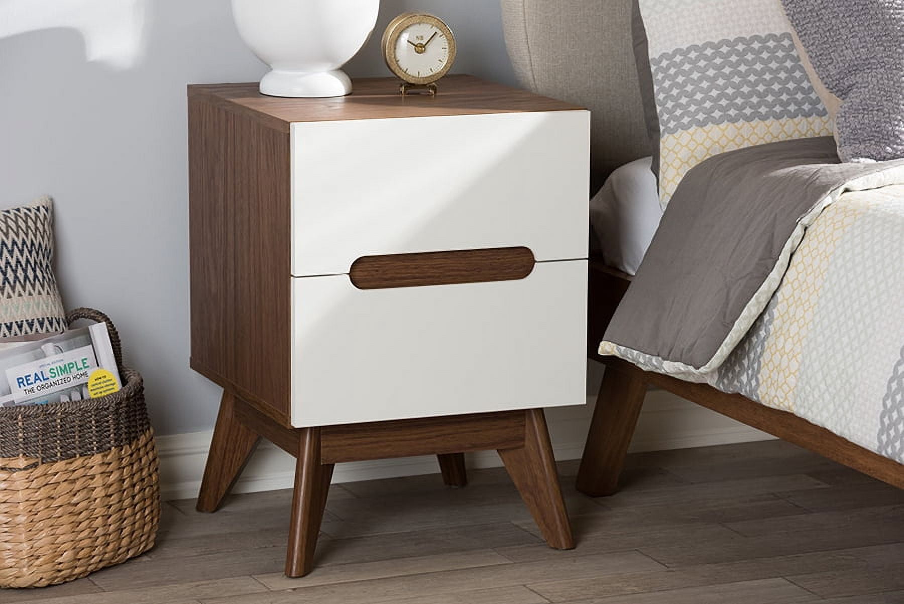 BINLIS Baxton Studio Calypso Mid‑Century Nightstand Engineered Wood White/Walnut