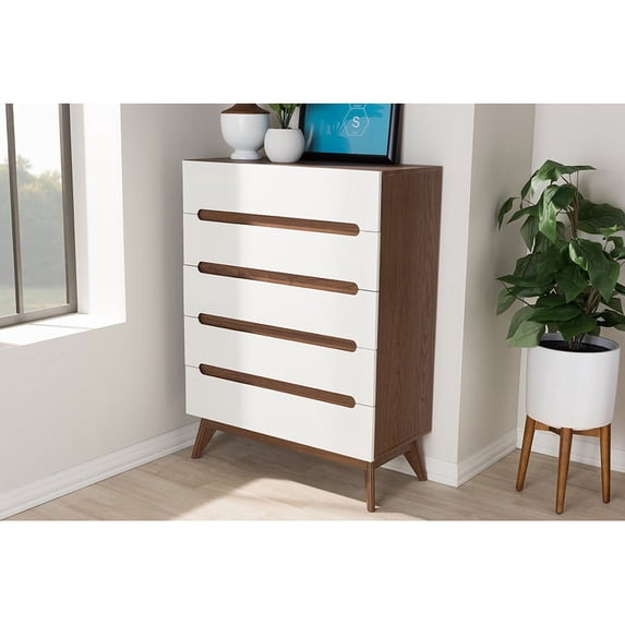Baxton Studio Calypso Mid-Century Modern White and Walnut Wood 5-Drawer Storage Chest