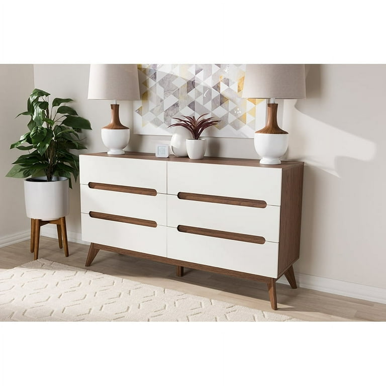 Baxton Studio Calypso Mid-Century Modern White and Walnut Wood 6-Drawer Storage Dresser Baxton Studio Calypso Mid-Century Modern White and Walnut Wood 6-Drawer Storage Dresser