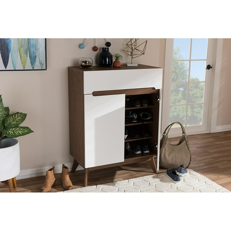 Baxton Studio Calypso Mid-Century Modern White and Walnut Wood Storage Shoe Cabinet Baxton Studio Calypso Mid-Century Modern White and Walnut Wood Storage Shoe Cabinet