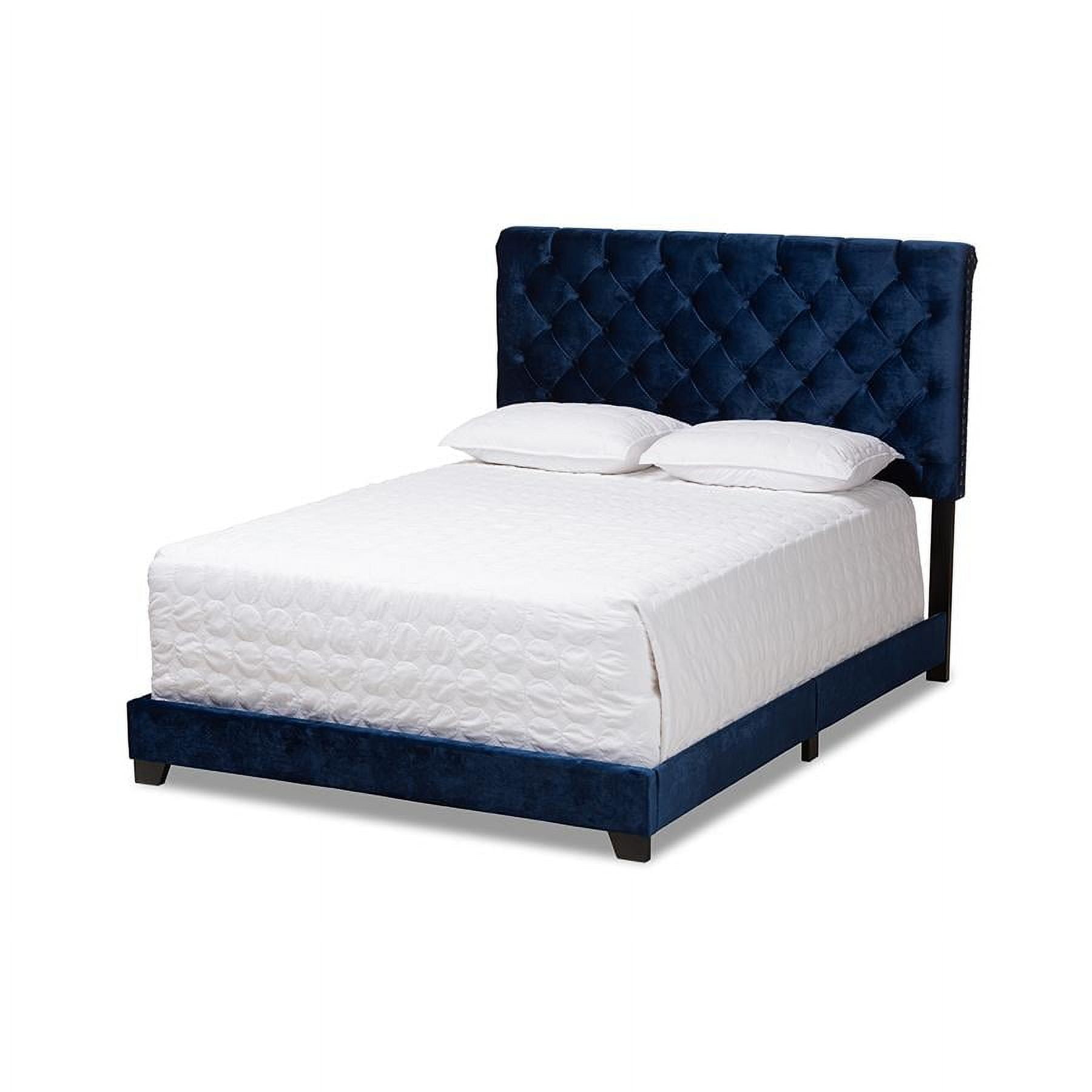 King Navy Velvet Upholstered Bed with Tufted Headboard