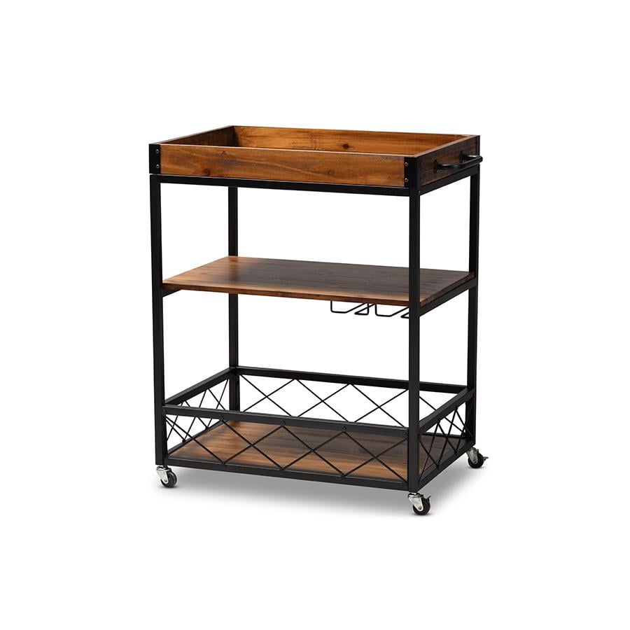 Capri Rustic Oak and Black Metal Mobile Bar Cart with Wine Storage