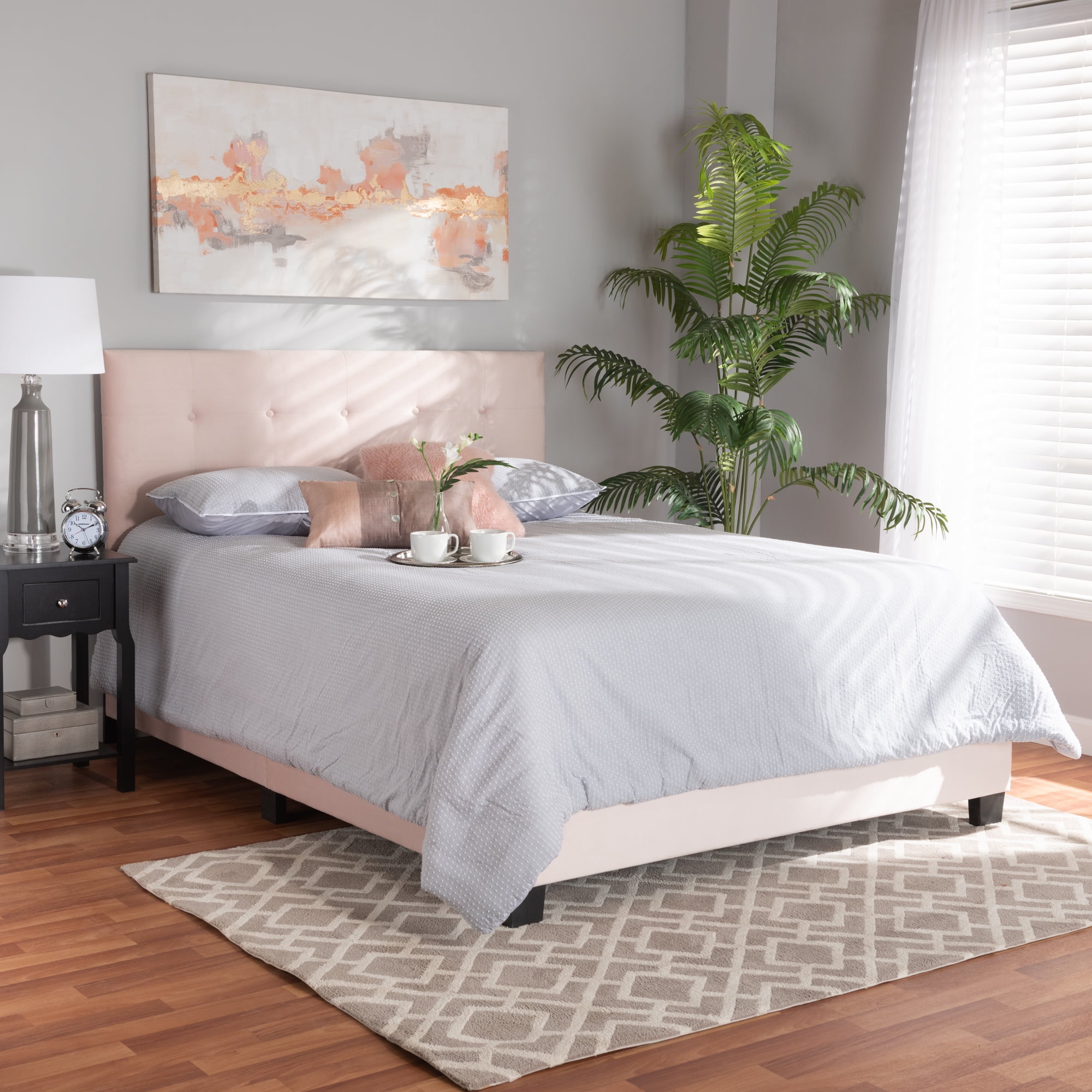 Baxton Studio Caprice Contemporary/Modern Velvet Tufted Panel Bed, Queen, Light Pink/Black