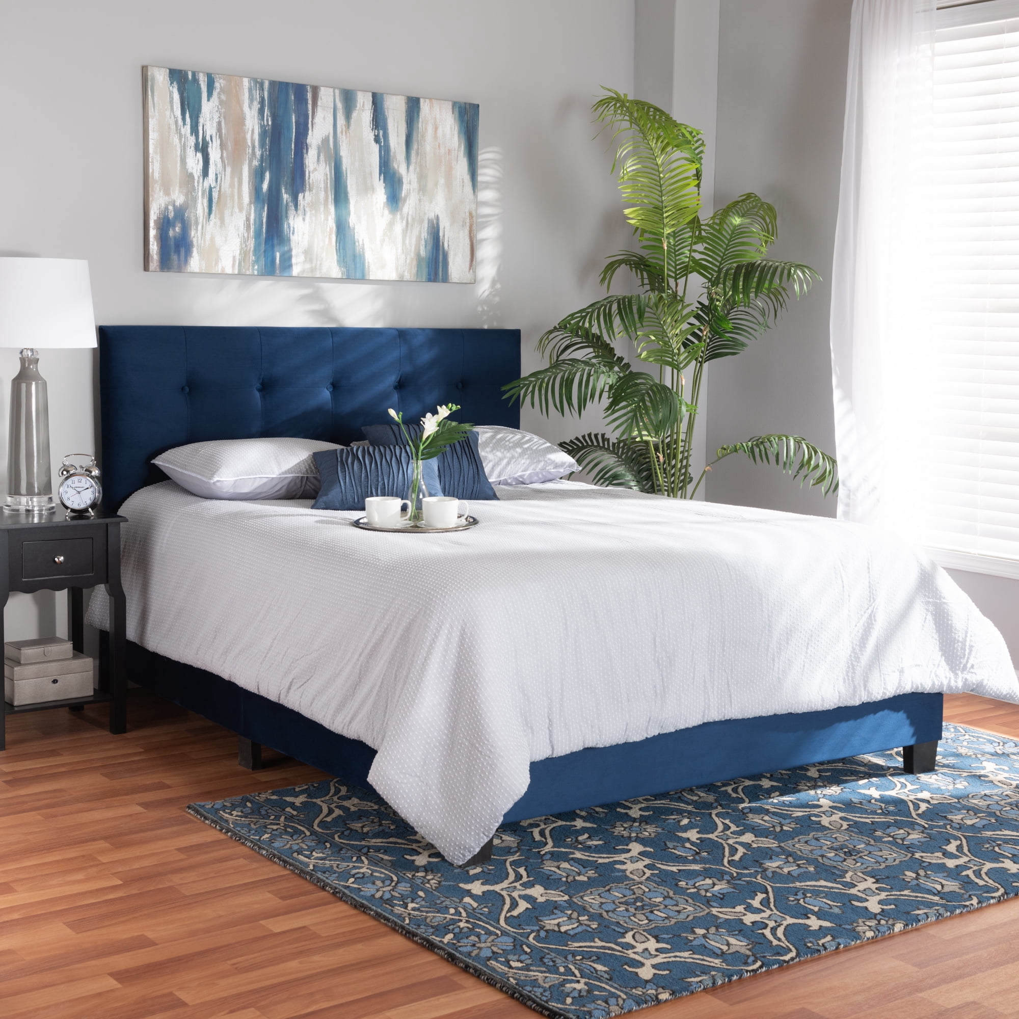 Baxton Studio Caprice Contemporary/Modern Velvet Tufted Panel Bed, Queen, Navy Blue/Black