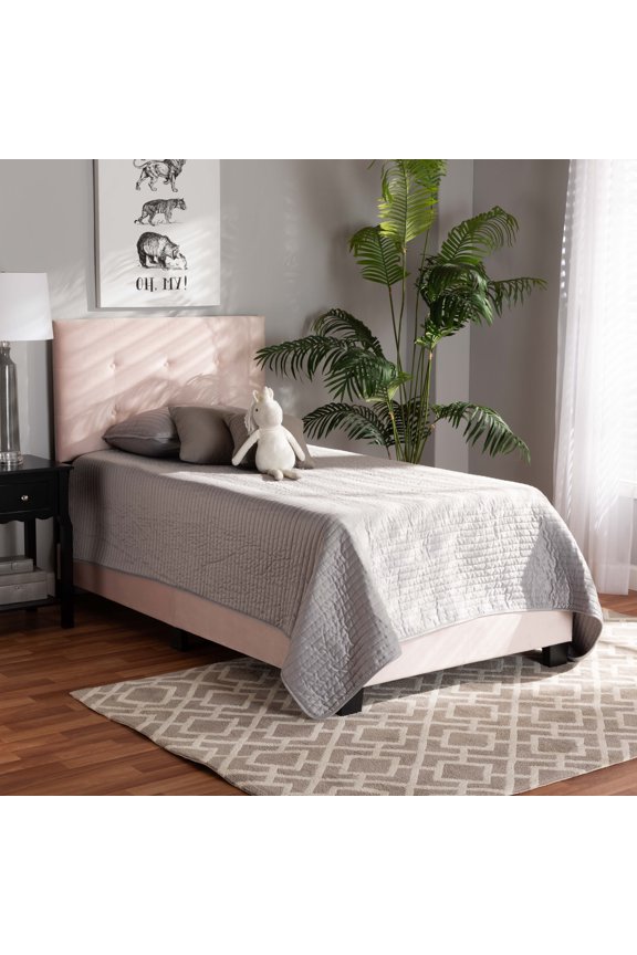 Caprice Contemporary/Modern Velvet Tufted Panel Bed, Twin, Light Pink/Black