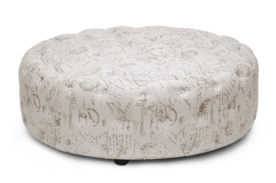 Cardiff Beige Script Print Round Tufted Linen Ottoman