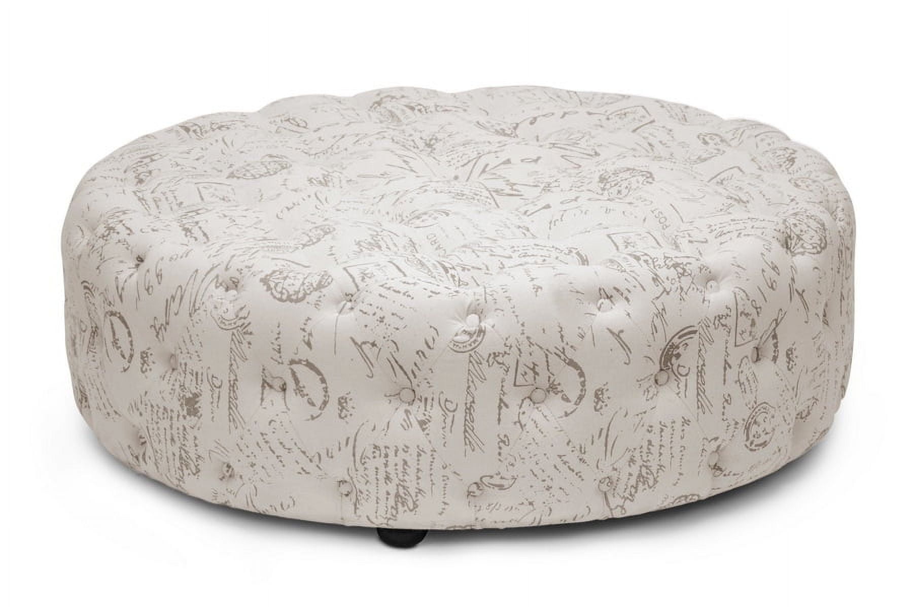 Cardiff Beige Script Print Round Tufted Linen Ottoman