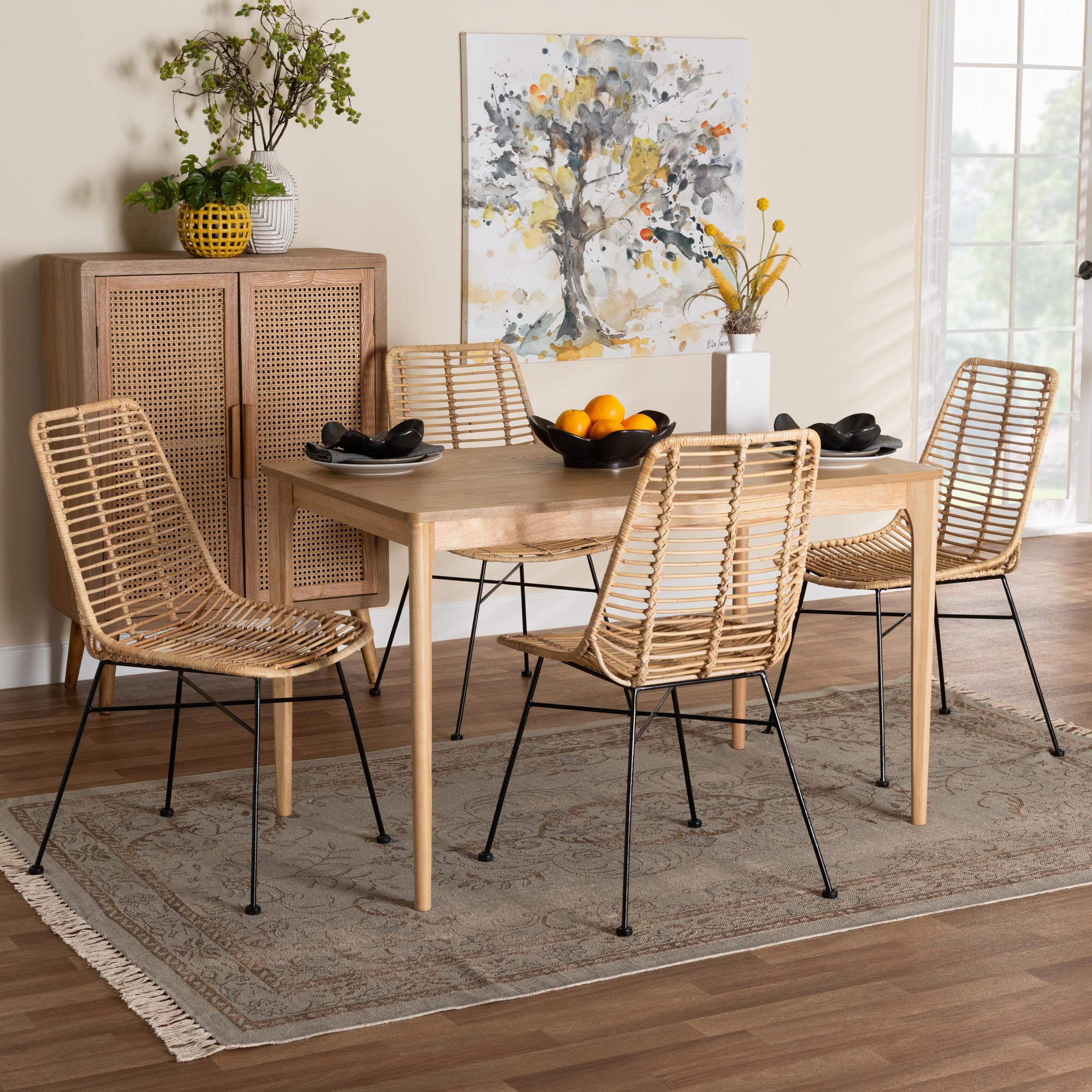 Baxton Studio Carita Rattan and Teak Wood BOHO Dining Sets 5 Piece Natural Brown Walmart