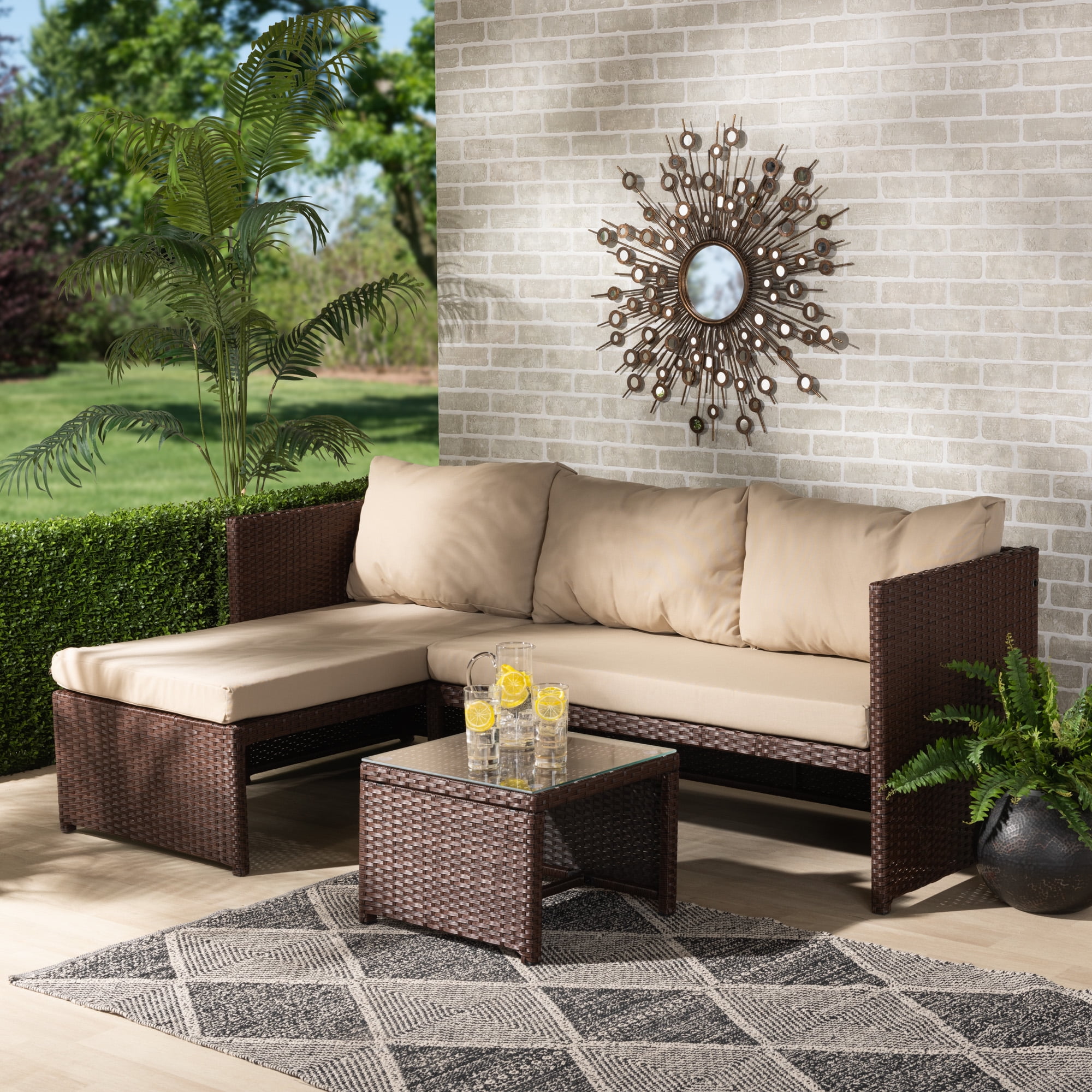 Baxton Studio Carlton Modern and Contemporary Sand Fabric Upholstered and Brown Finished Woven PE Rattan 3 Piece Outdoor Patio Lounge Set