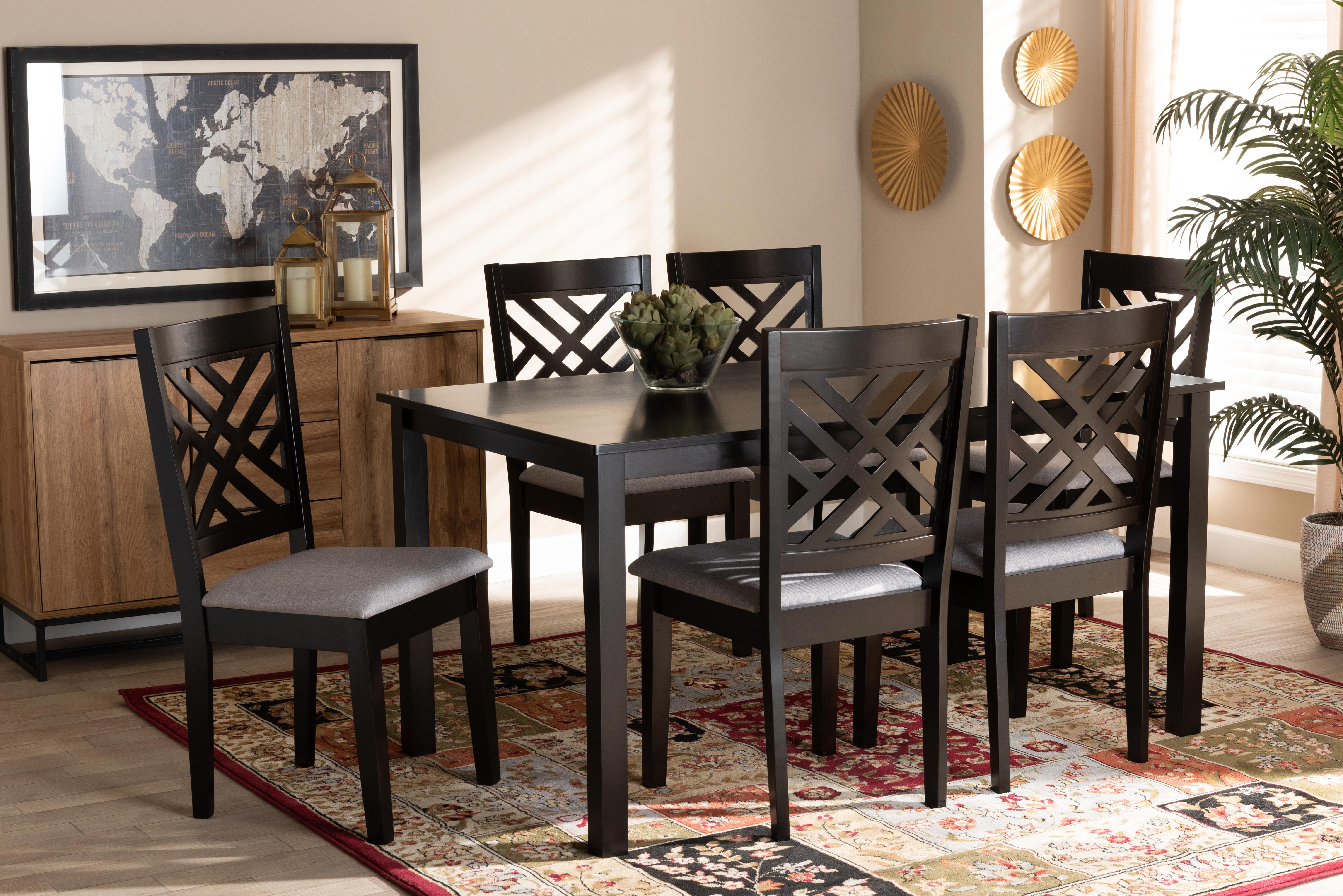 Baxton Studio Caron Modern and Contemporary Grey Fabric Upholstered Espresso Brown Finished Wood 7 Piece Dining Set