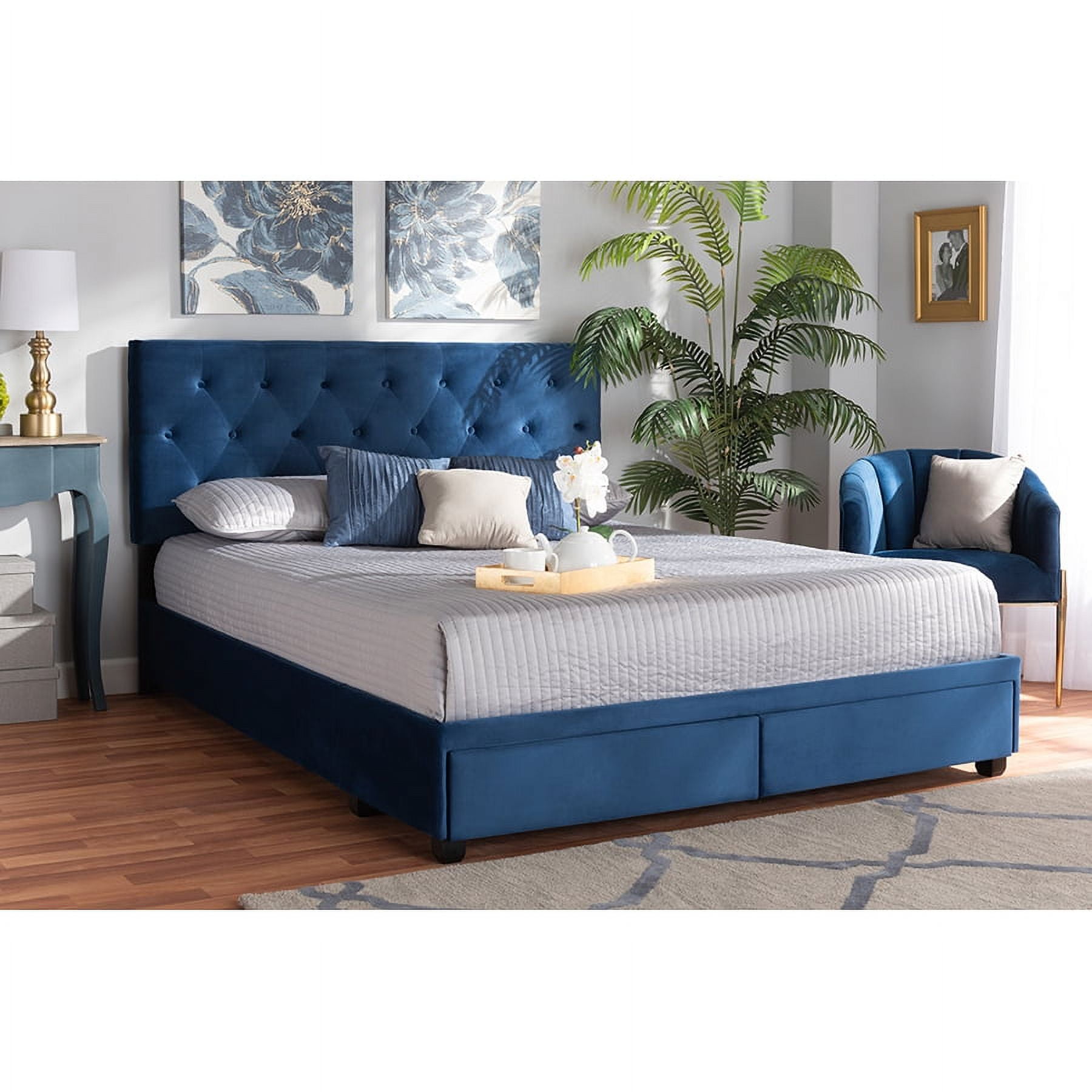 Navy Blue Velvet Queen Storage Bed with Tufted Headboard