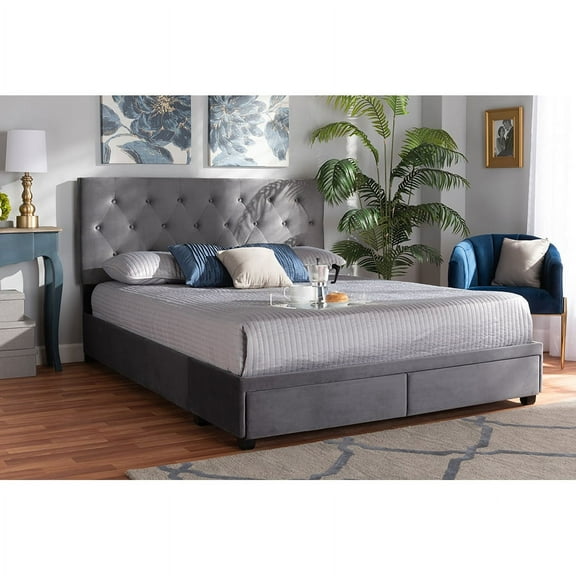Baxton Studio Caronia Modern and Contemporary Grey Velvet Fabric Upholstered 2-Drawer Queen Size Platform Storage Bed