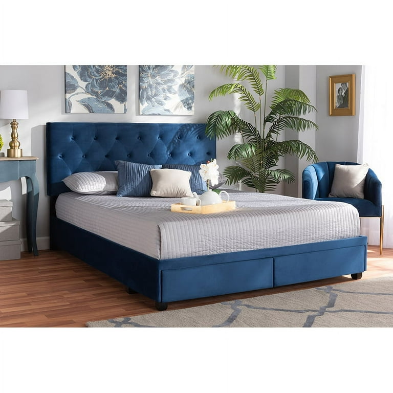 Baxton Studio Caronia Modern and Contemporary Navy Blue Velvet Fabric Upholstered 2-Drawer King Size Platform Storage Bed Baxton Studio Caronia Modern and Contemporary Navy Blue Velvet Fabric Upholstered 2-Drawer King Size Platform Storage Bed