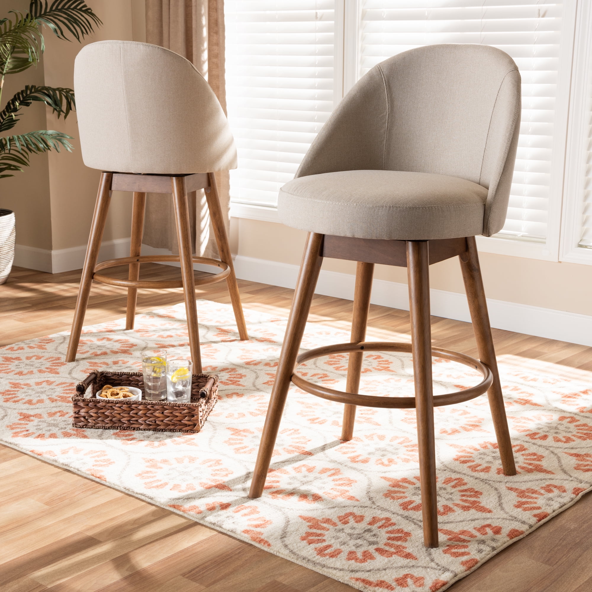 Baxton Studio Carra Round Swivel Armless Bar Stools, Beige (Set of 2)
