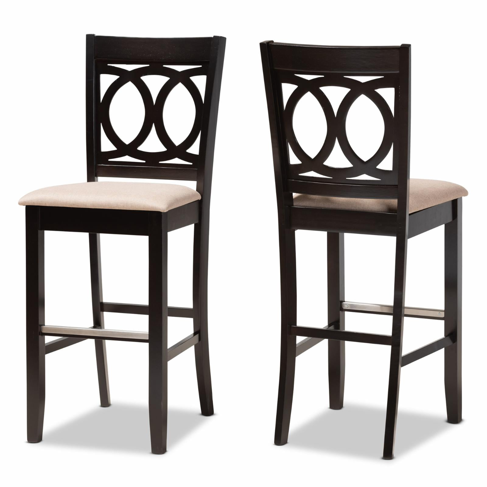 Set of 2 Sand Upholstered Oak Bar Stools with Espresso Finish