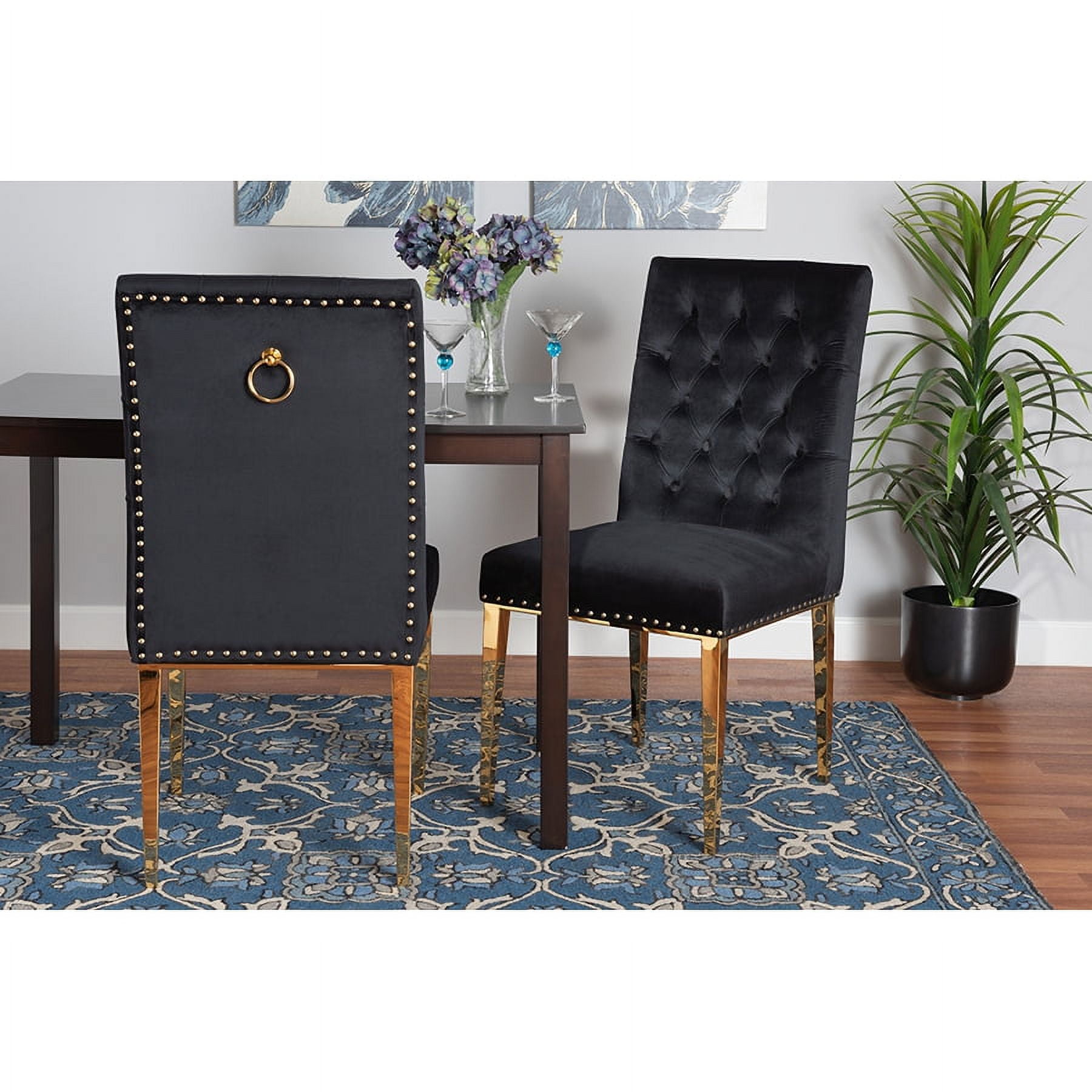 Black Velvet and Gold Upholstered Dining Side Chair Set