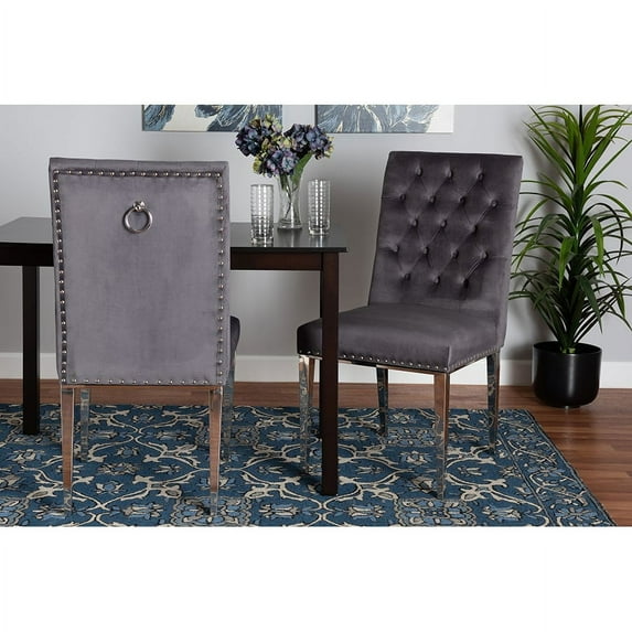Baxton Studio Caspera Contemporary Glam and Luxe Grey Velvet Fabric and Silver Metal 2-Piece Dining Chair Set
