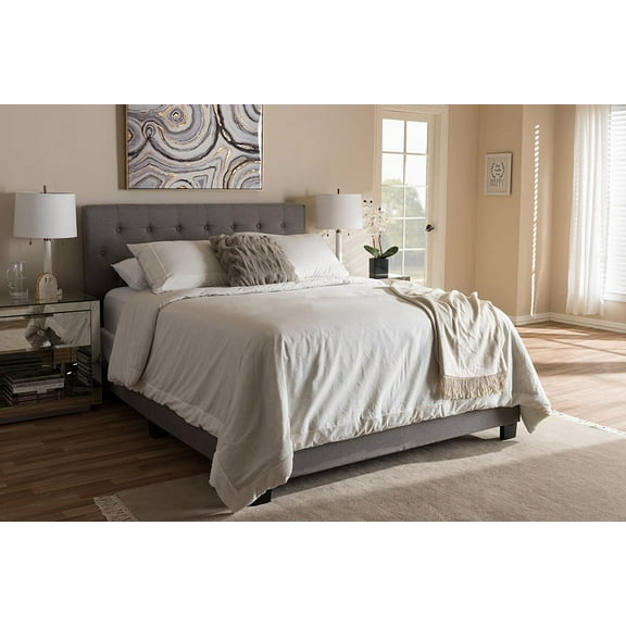 Baxton Studio Cassandra Queen Bed with Padded Headboard and Button-Tufted Detail, Light Grey