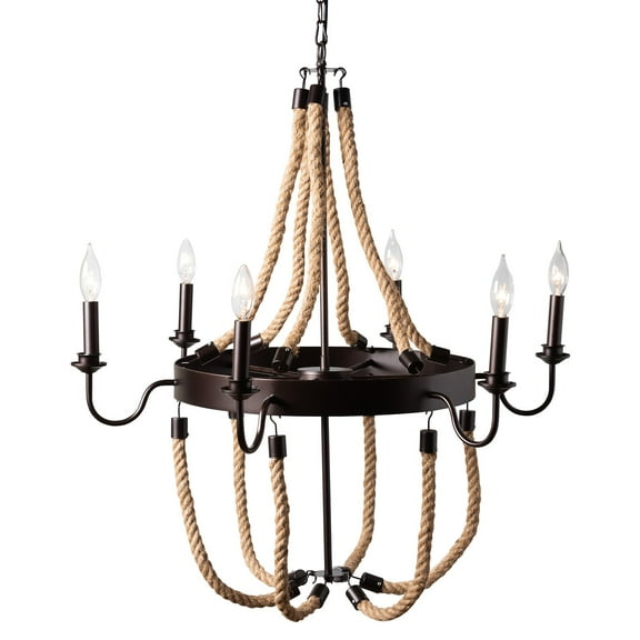 Baxton Studio Cassia Vintage Industrial Antique Style Hemp and Dark Bronze Metal 6 Light Chandelier