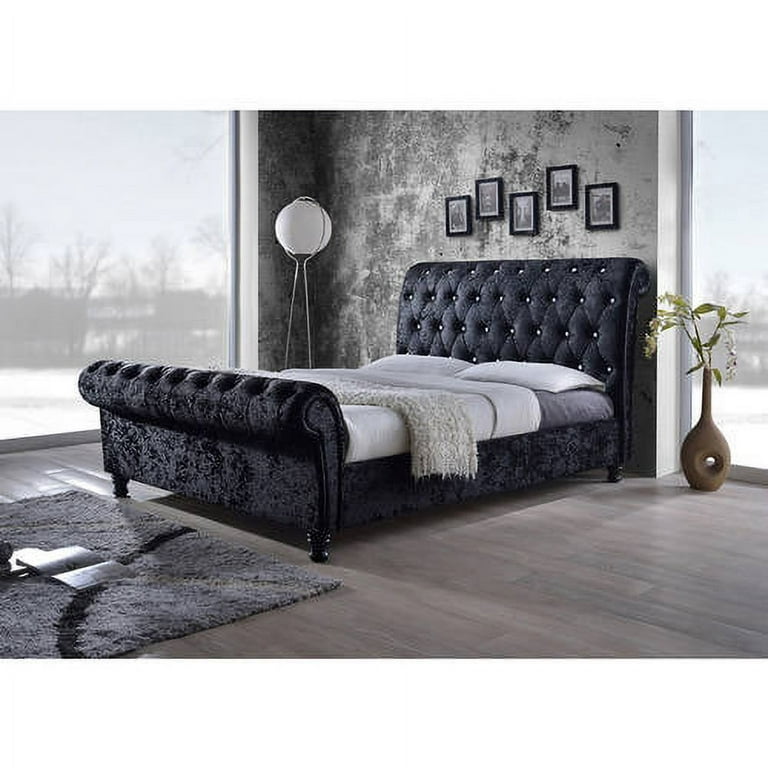 Baxton Studio Castello Black Velvet Upholstered Faux Crystal-Buttoned Sleigh King Platform Bed Baxton Studio Castello Black Velvet Upholstered Faux Crystal-Buttoned Sleigh King Platform Bed