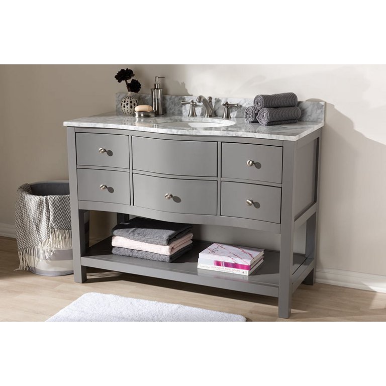 Baxton Studio Castie 48 Inch Modern and Contemporary Grey Finished Wood and Marble Single Sink Bathroom Vanity