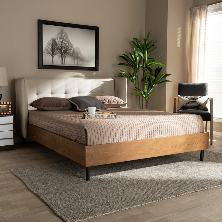 Baxton Studio Brita Mid-Century Modern Light Beige Fabric Upholstered Walnut Finished Wood King Size Bed Baxton Studio Brita Mid-Century Modern Light Beige Fabric Upholstered Walnut Finished Wood King Size Bed