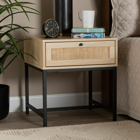 Baxton Studio Caterina Mid-Century Modern Transitional Natural Brown Finished Wood and Natural Rattan 1-Drawer