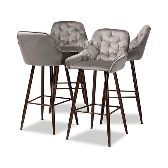 Baxton Studio Catherine Modern and Contemporary Grey Velvet Fabric Upholstered and Walnut Finished 4-Piece Bar Stool Set