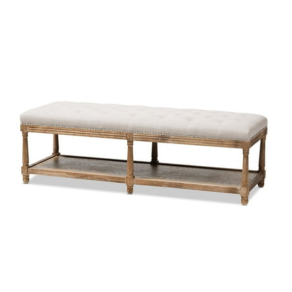 Baxton Studio Celeste Weathered Oak Beige Linen Upholstered Ottoman