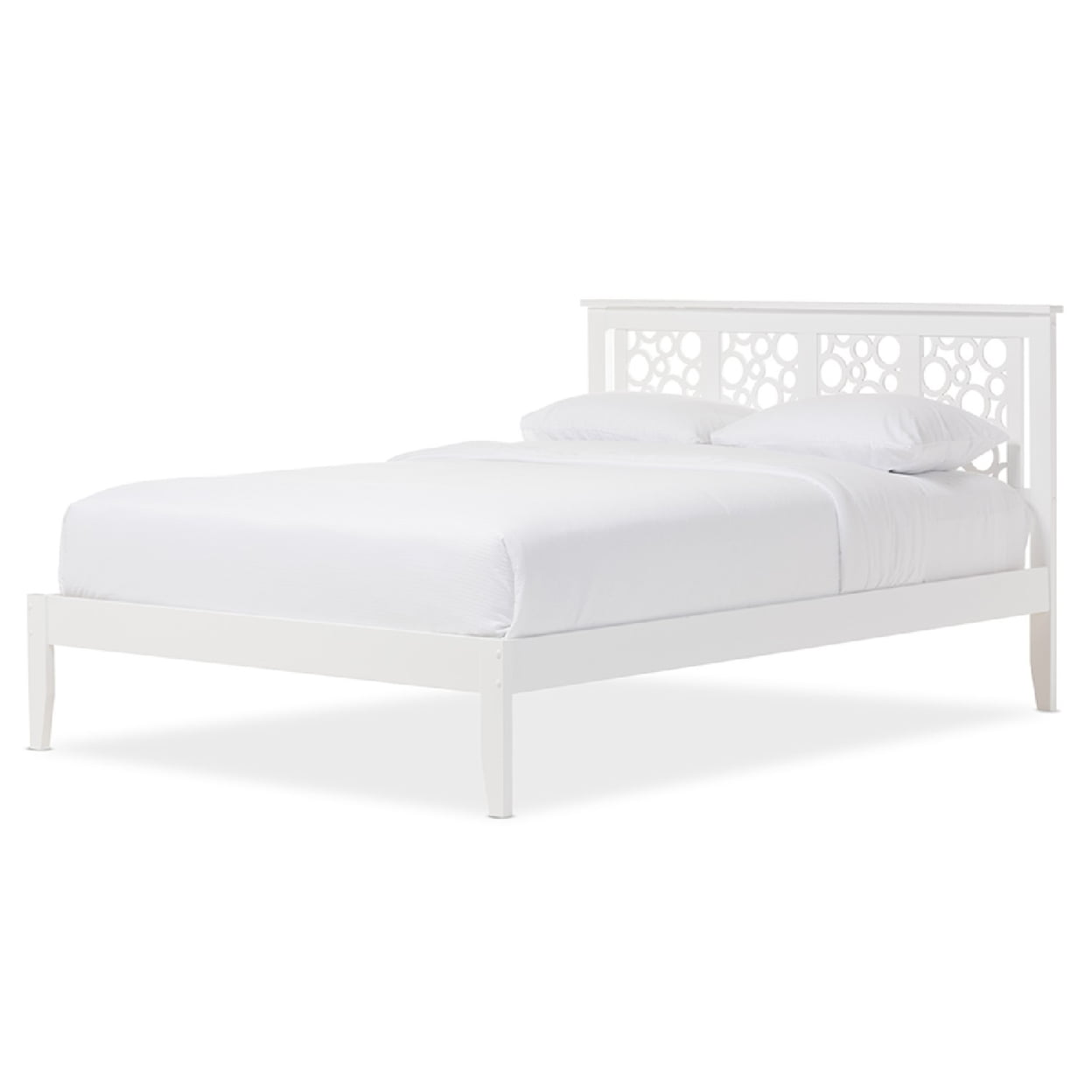 Celine Geometric White Solid Rubberwood Queen Platform Bed with Airy Headboard