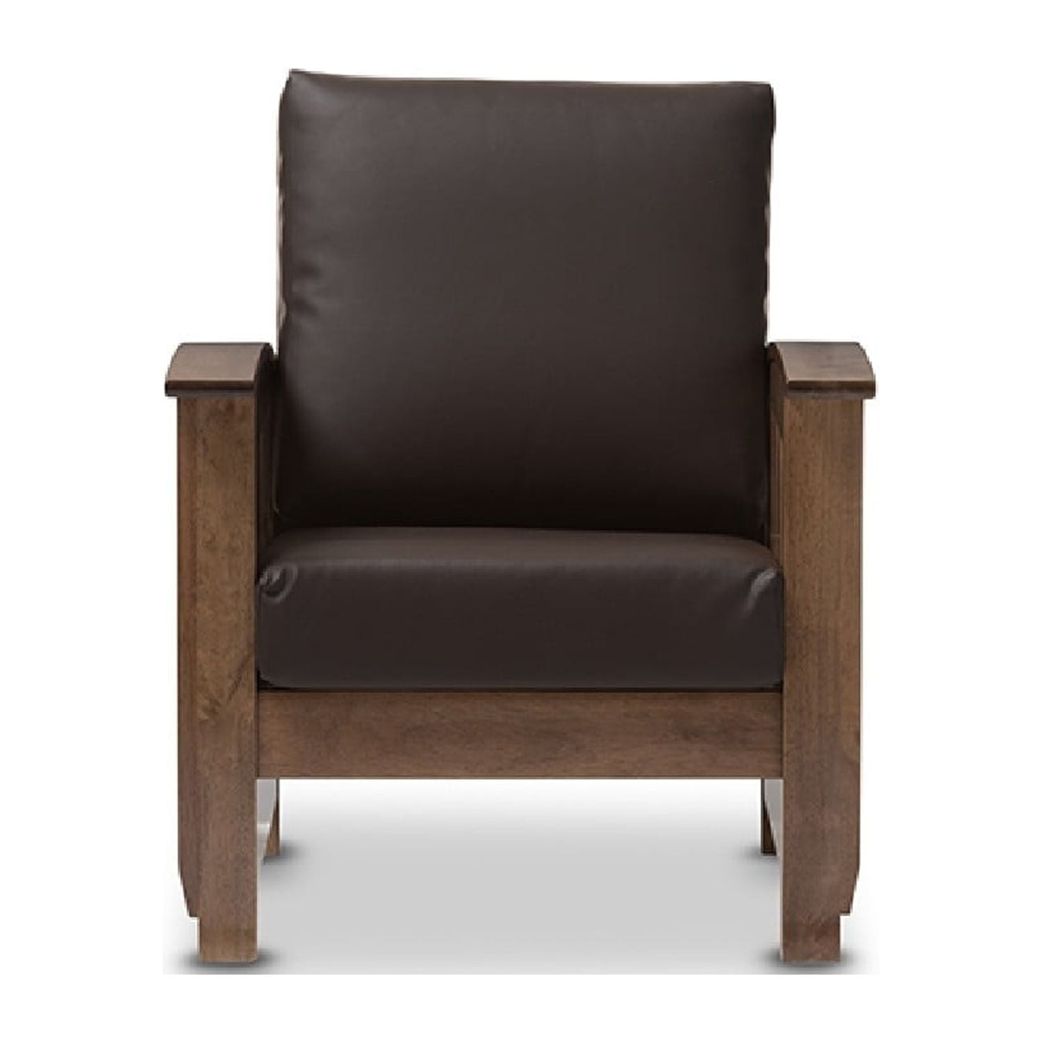 Baxton Studio Charlotte Modern Classic Mission Style Walnut Brown Wood and Dark Brown Faux Leather 1-Seater Lounge Chair Baxton Studio Charlotte Modern Classic Mission Style Walnut Brown Wood and Dark Brown Faux Leather 1-Seater Lounge Chair