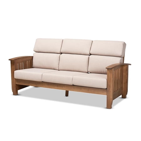 Charlotte Modern Classic Mission Style Taupe Fabric Upholstered Wood 3-Seater Sofa