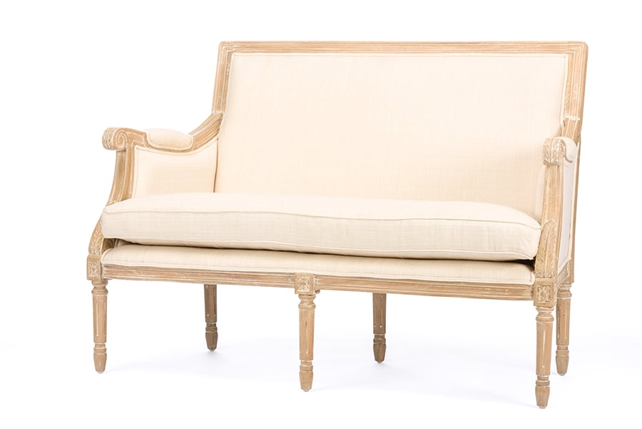 Light Beige Cotton and Wood French Loveseat