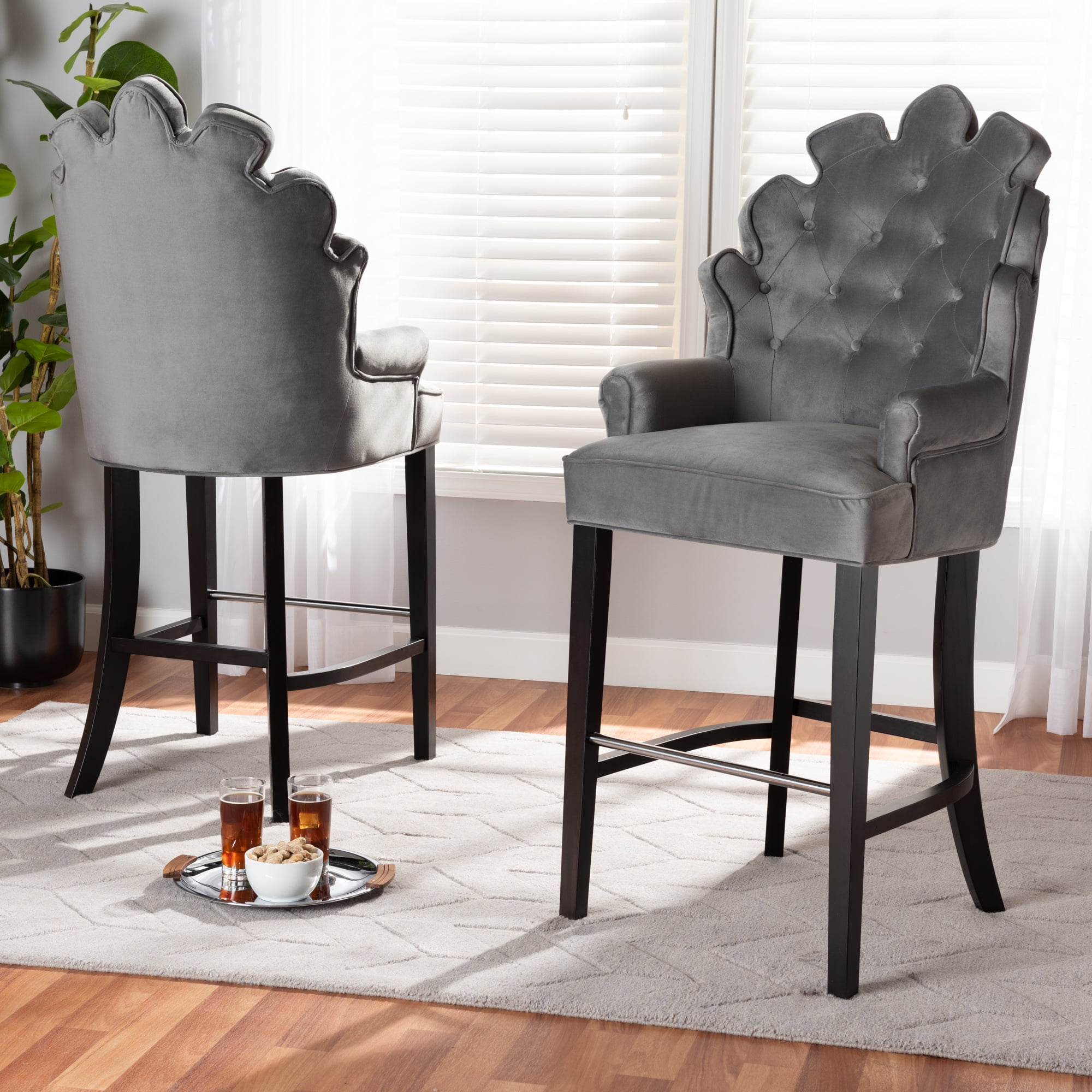 Baxton Studio Chloe Modern and Contemporary Dark Grey Velvet Upholstered and Dark Brown Finished Wood 2-Piece Bar Stool Set