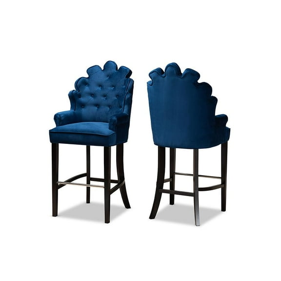 Wholesale Interiors Baxton Studio Chloe Modern and Contemporary Navy Blue Velvet Upholstered and Dark Brown Finished Wood 2-Piece Bar Stool