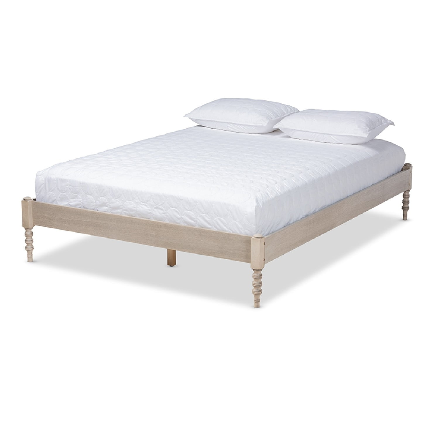 Antique White Oak Queen Wood Platform Bed Frame with Turned Legs