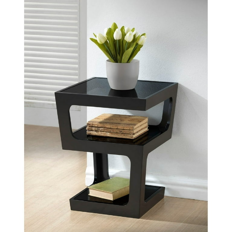 Baxton Studio Clara Black Modern End Table with 3-Tiered Glass Shelves Baxton Studio Clara Black Modern End Table with 3-Tiered Glass Shelves
