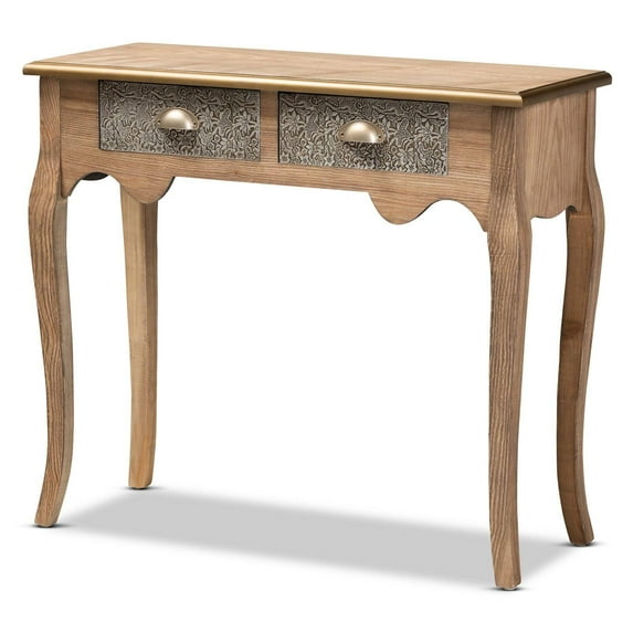 Baxton Studio Clarice Wood and Metal 2-Drawer Console Table in Natural Brown