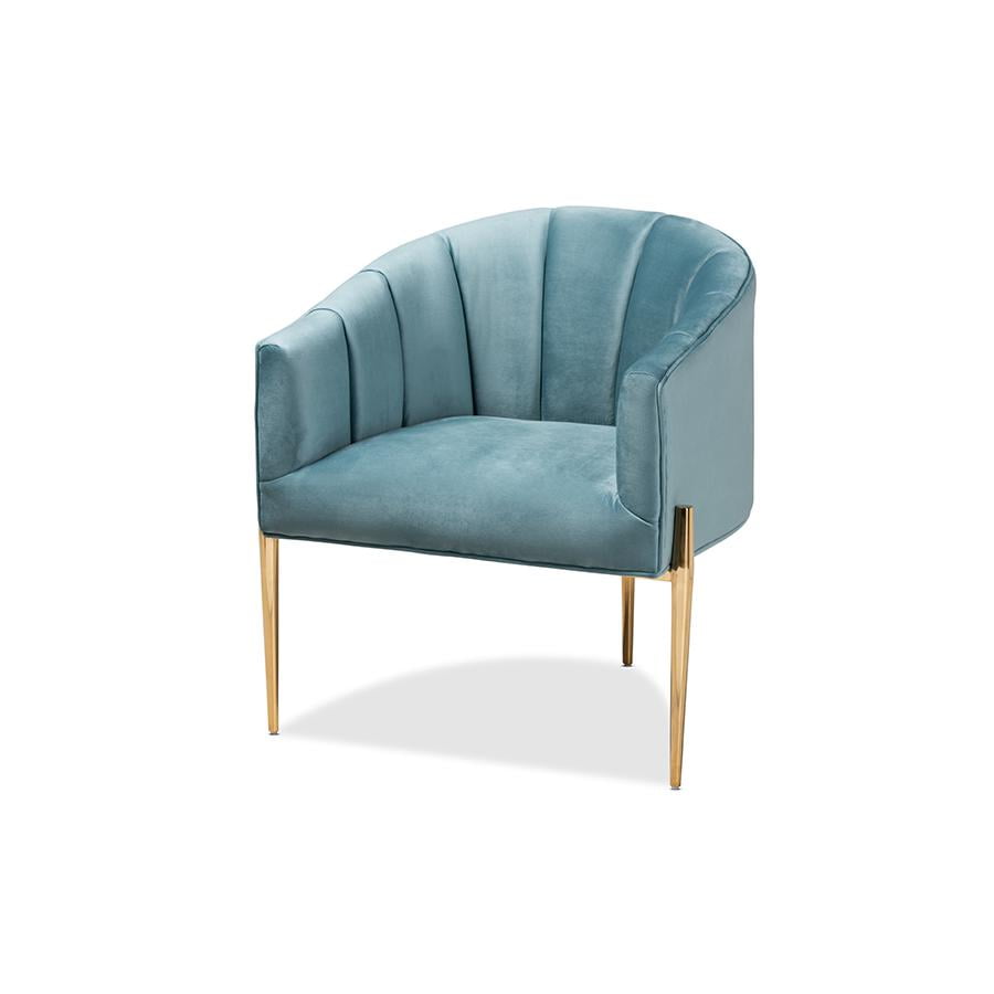 Clarisse Glam Light Blue Velvet Barrel Accent Chair with Gold Legs