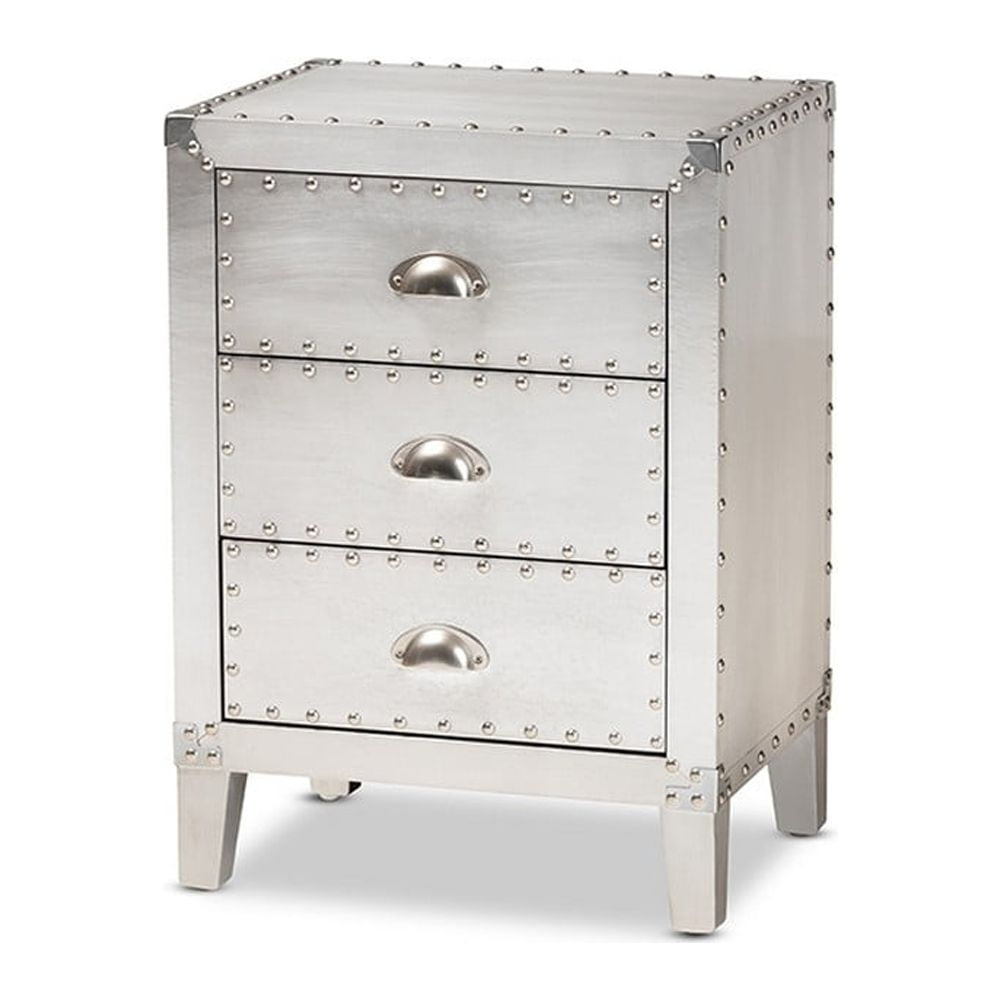 Claude Riveted Silver Metal 3-Drawer Nightstand