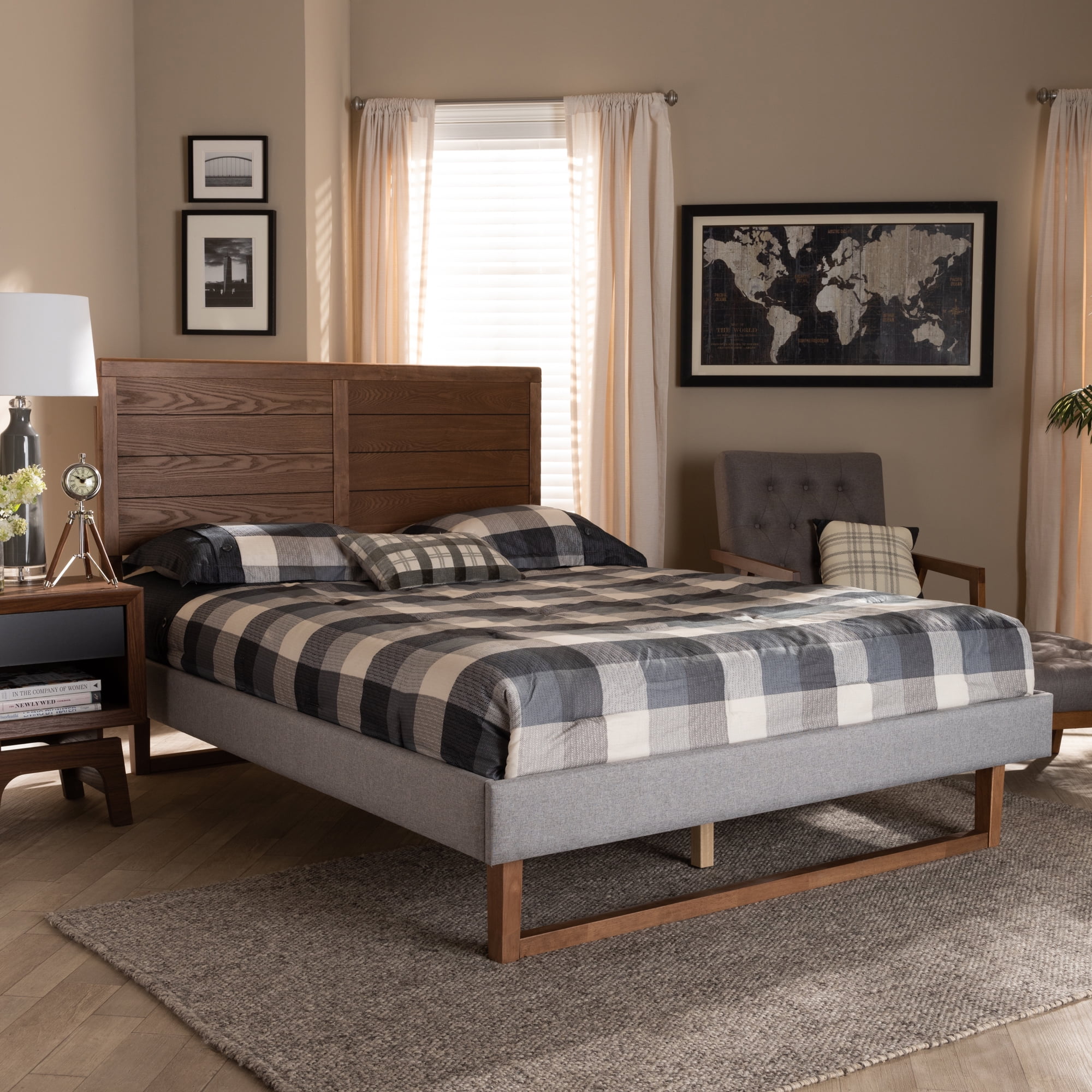Baxton Studio Claudia Rustic Modern Light Grey Fabric Upholstered and Walnut Brown Finished Wood Queen Size Platform Bed Baxton Studio Claudia Rustic Modern Light Grey Fabric Upholstered and Walnut Brown Finished Wood Queen Size Platform Bed