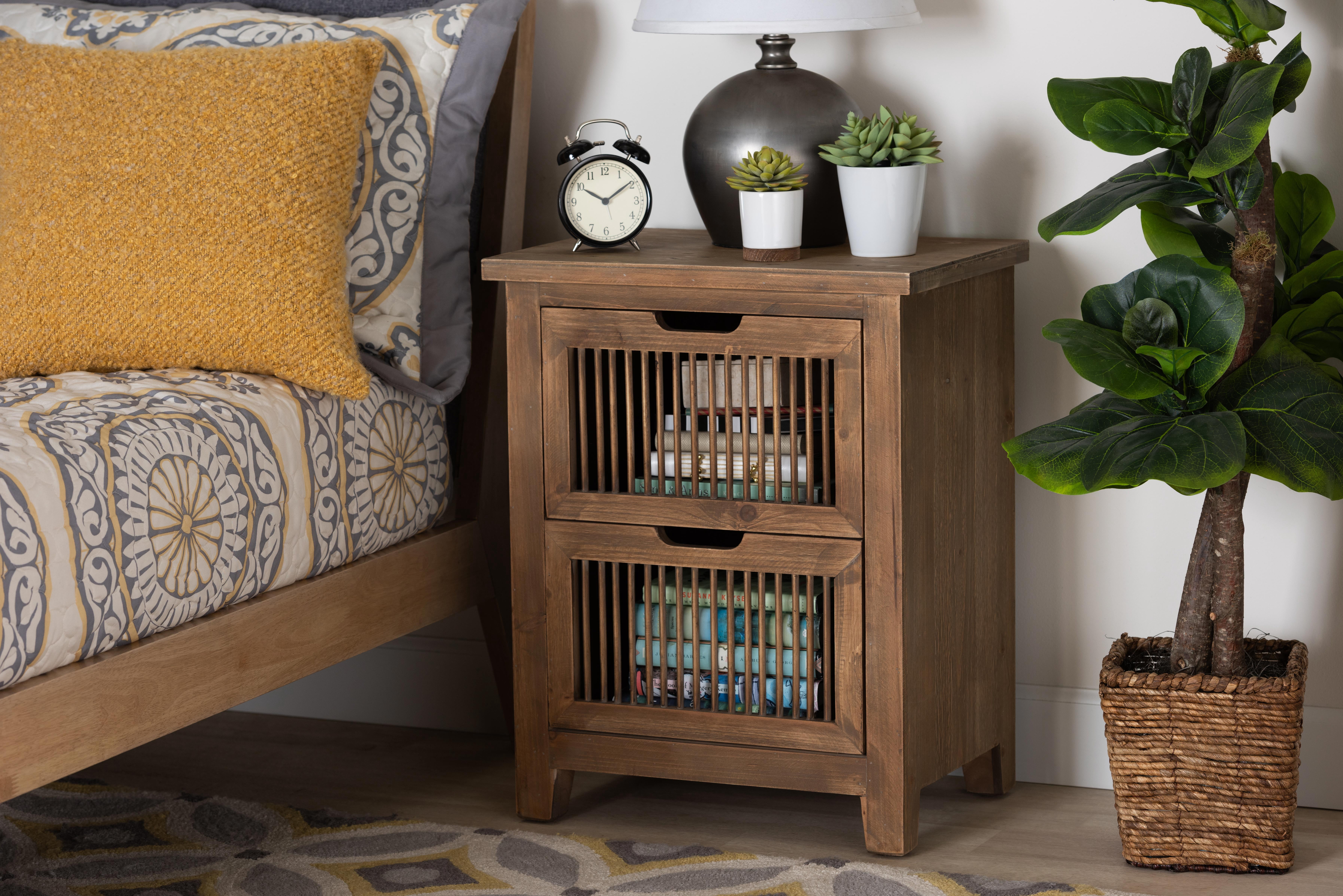 Baxton Studio Clement Rustic Transitional Medium Oak Finished 2-Drawer Wood Spindle End Table