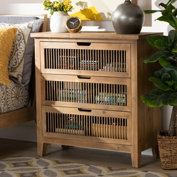 Baxton Studio Clement Rustic Transitional Medium Oak Finished 3-Drawer Wood Spindle Chest
