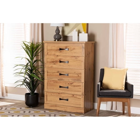 Baxton Studio Colburn Modern and Contemporary Oak Brown Finished Wood 5-Drawer Tallboy Storage Chest