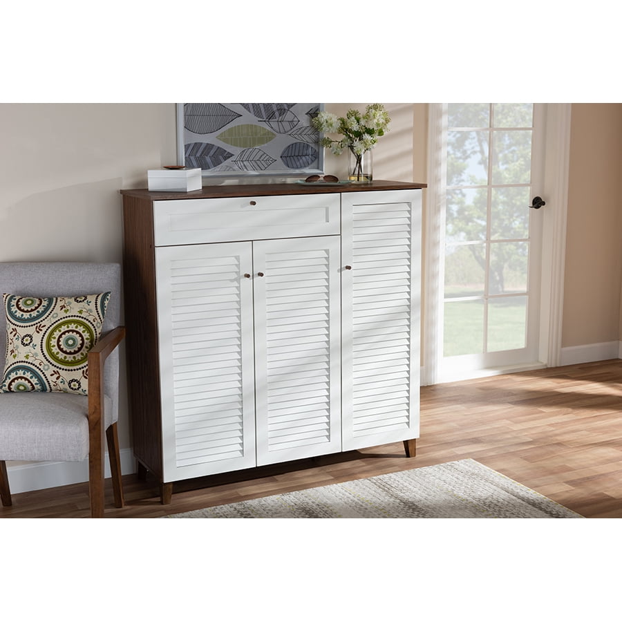 Baxton Studio Coolidge Modern and Contemporary Walnut wood Finished 11-Shelf Wood Shoe Storage Cabinet with Drawer