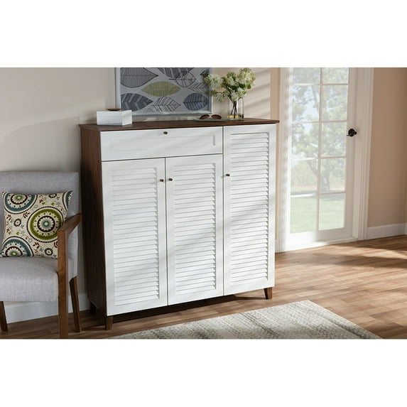 Baxton Studio Coolidge Modern and Contemporary Walnut Finished 11-Shelf Wood Shoe Storage Cabinet with Drawer