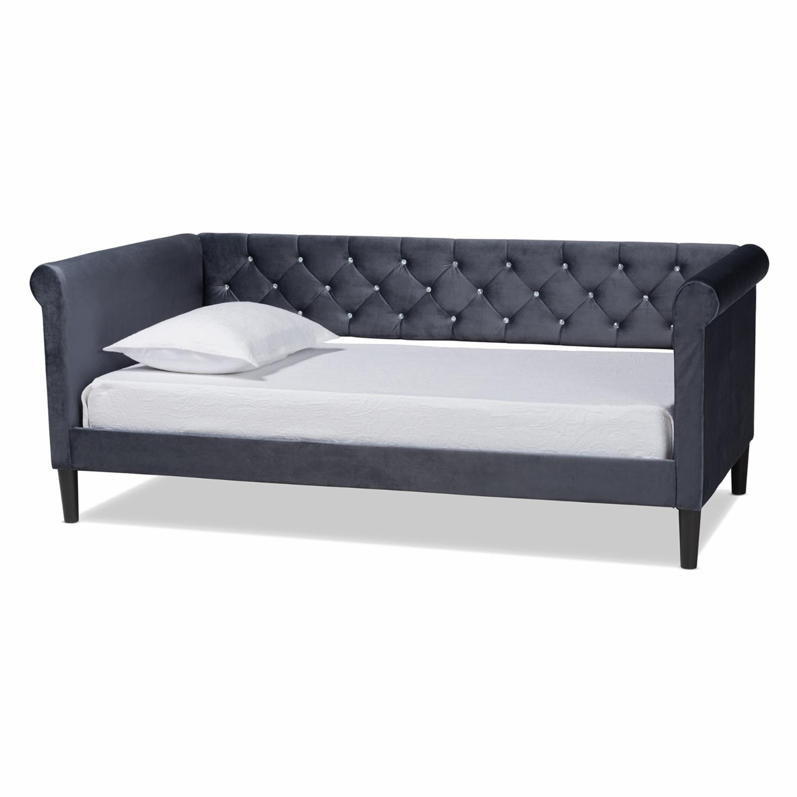 Full Size Dark Gray Velvet Tufted Upholstered Daybed with Wood Frame