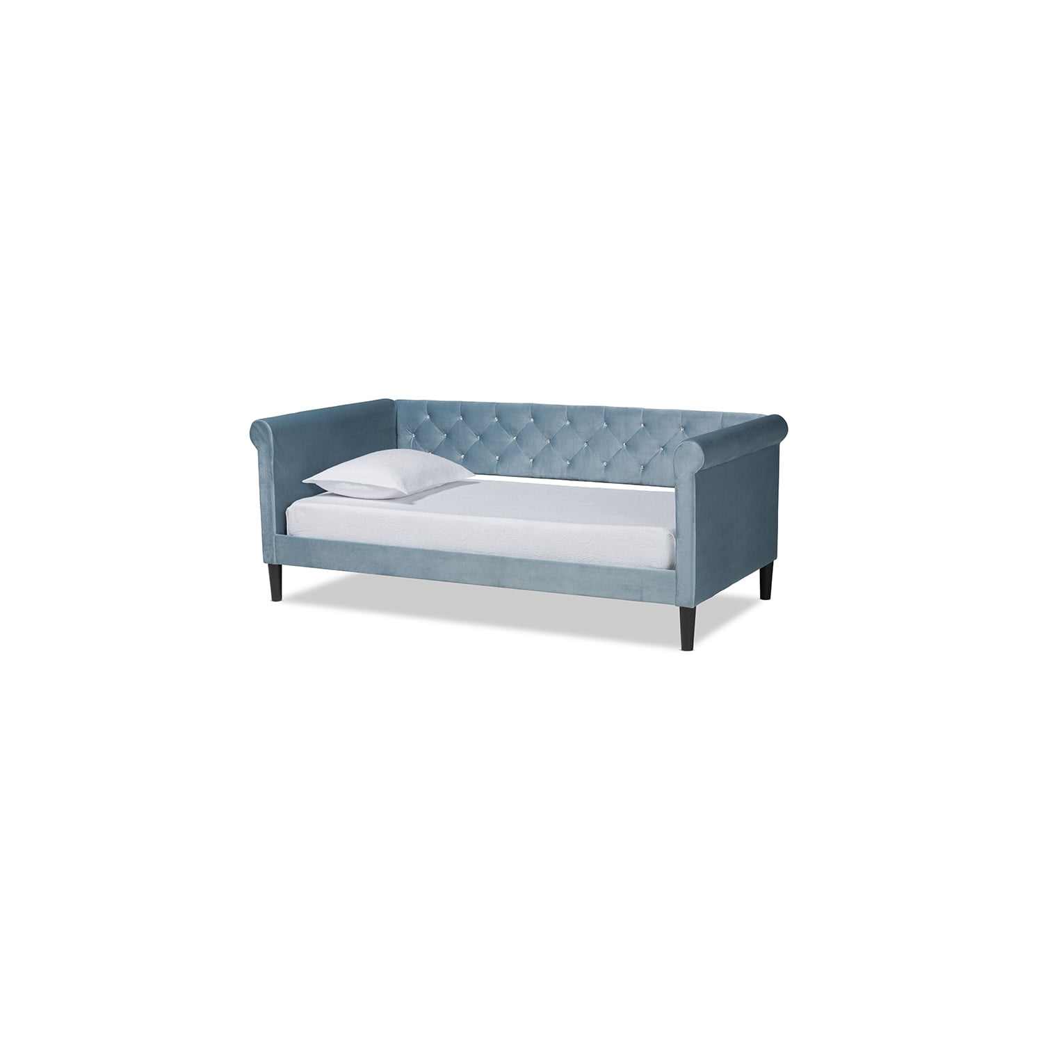 Cora Chic Light Blue Velvet & Dark Brown Wood Full Daybed